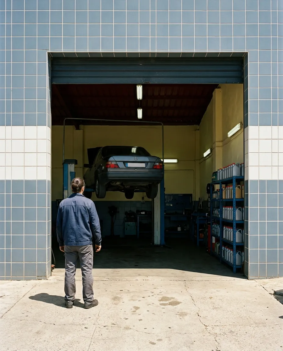 A porta de enrolar aberta de uma oficina de azulejo com um carro lá dentro