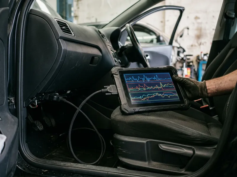 Um tablet de diagnóstico ligado à ficha do carro
